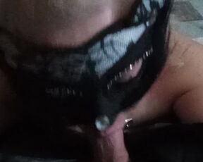 Leashed Kitty Cat gives deep throat blow job